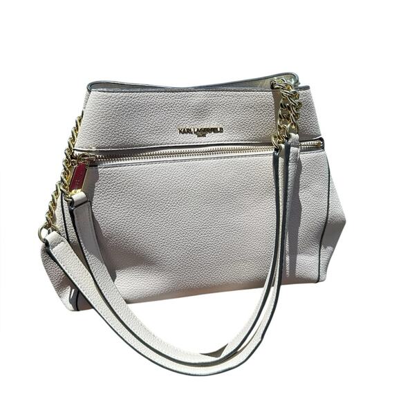 Karl Lagerfeld Cream & Gold Shoulder Bag Agyness Design Triple Compartment EUC - Picture 12 of 15